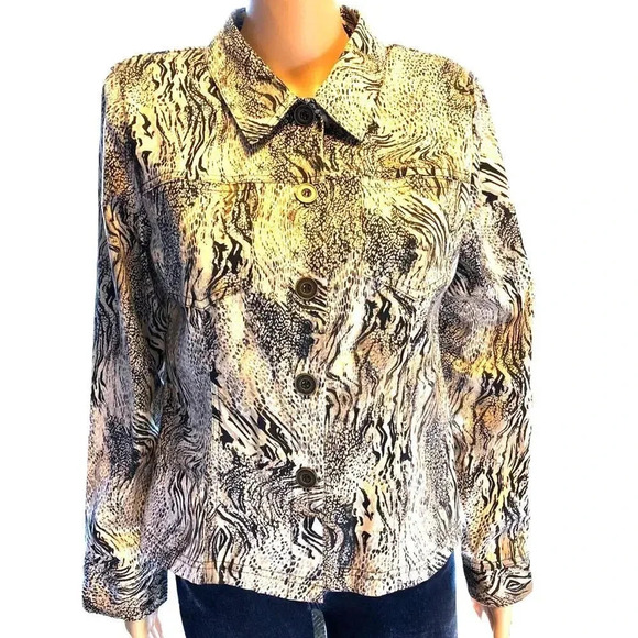Vintage Y2K Cynthia Max Leopard print Women Denim Button Up Jacket size L - Picture 1 of 9